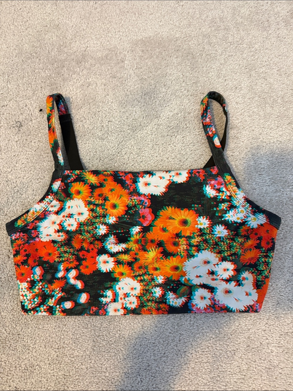 aerie Floral Print Sports Bra in Black, Orange, White